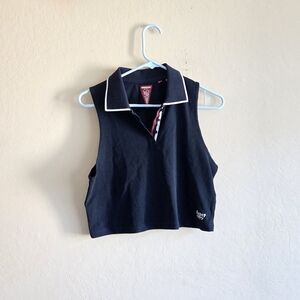 Superdry Black Crop Polo Tank with Red Logo and White Trim